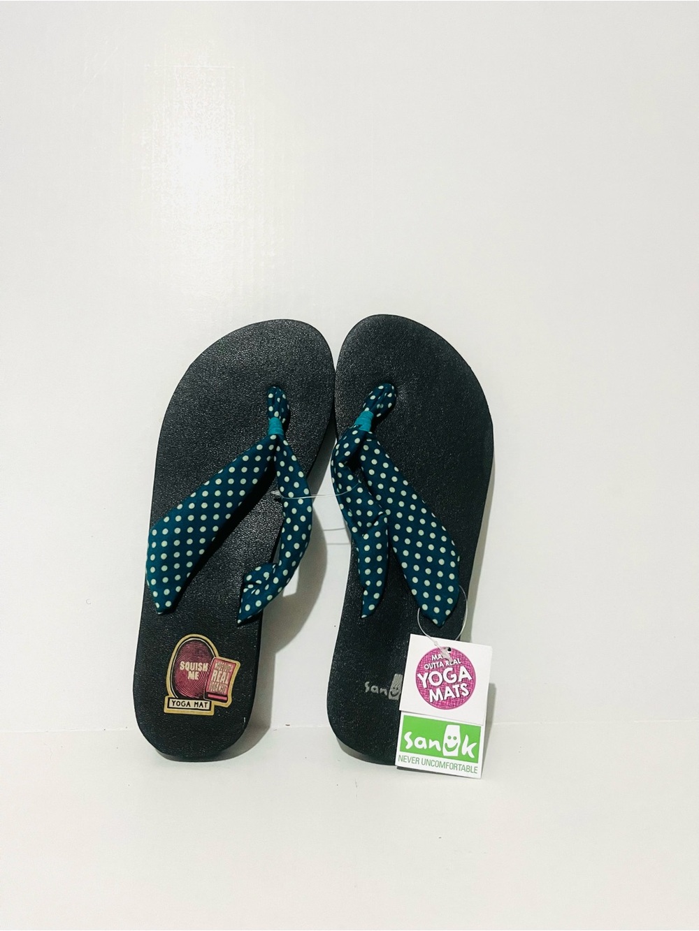 Sanuk Black Flip Flops with Teal Polka Dot Straps